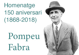 Pompeu Fabra sobre fondo blanco con las letras de su nombre en azul